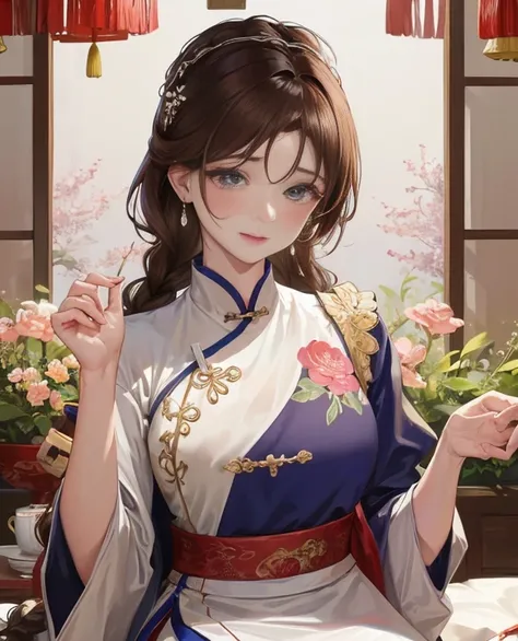 masterpiece, best quality, married woman， aldult, Chinese style, China, elder sister,  Smile, hairpin，brown hair, princess cut, Single braid，Full of motherhood，China传统服饰，purely，blush，Dignified yet lively，Mother，Put your hands on your belly，thin lips，Mature...