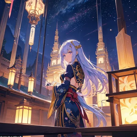 anime girl in armor looking at a temple at night, a detailed painting inspired by Kose Kanaoka, pixiv contest winner, cloisonnism, anime art nouveau cosmic display, intricate ornate anime cgi style, high detailed official artwork, heroine japan vivid lands...