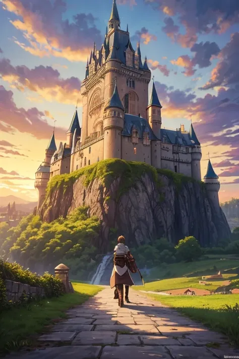 Photo of the castle taken from a distance，There is a dog in the foreground, castle scene comics, attack on titan scenery, anime scenery, anime rural scenery, Castle setting, anime scene, castle background, Bastion Gateway, background fortress, beautiful an...