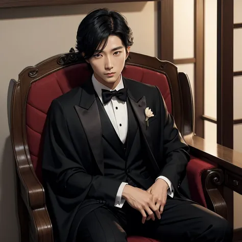 real japanese handsome、double eyelids、black hair、Tuxedo、cloak、sitting in a chair