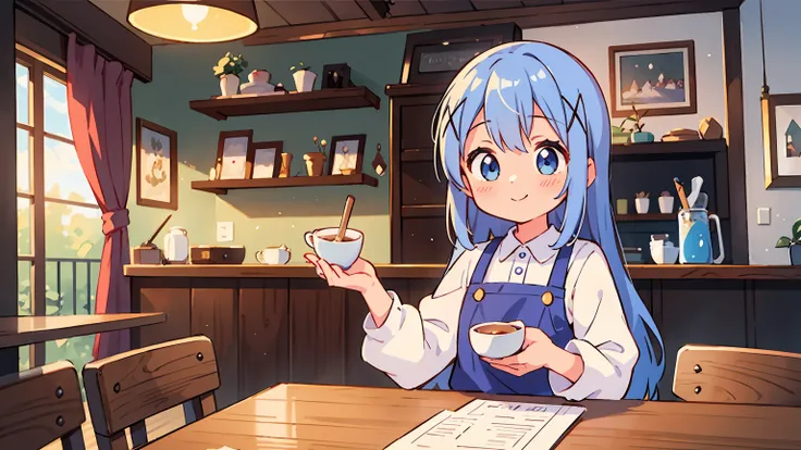 a girl (kafuu chino) with beautiful detailed eyes and an adorable smile is skillfully making a cappuccino in a cozy coffee shop....