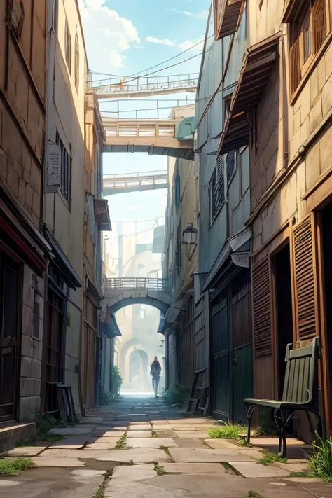 There is a narrow alley，There is a door and a bench, anime scene, attack on titan scenery, anime background艺术, ancient city streets behind her, anime background, anime scenery, anime movie background, screenshot of animation, beautiful anime scenes, Random...