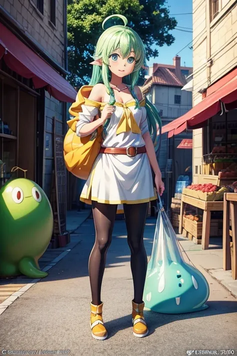 Cartoon character standing in front of fruit stall holding banner, reincarnated as a slime, Screenshots from animated movies, Screenshots from the 2012 animation, konosuba anime style, In animation, Still from TV animation, Reincarnation Stara Slime Dattak...