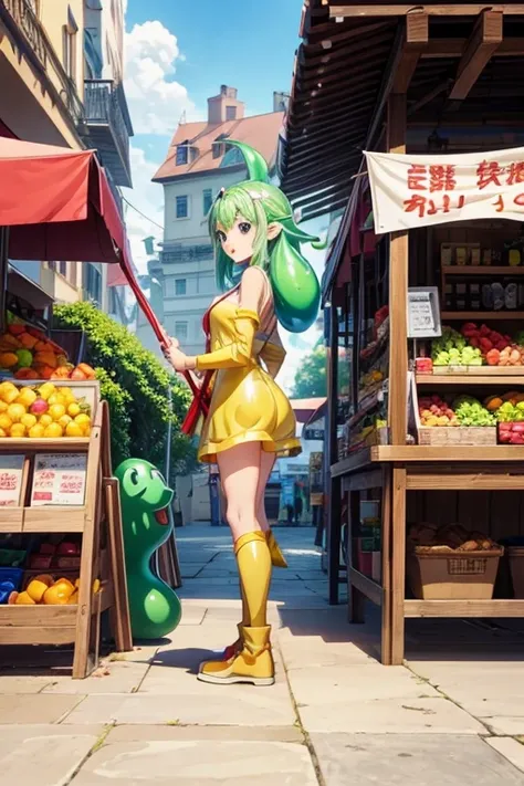 Cartoon character standing in front of fruit stall holding banner, reincarnated as a slime, Screenshots from animated movies, Screenshots from the 2012 animation, konosuba anime style, In animation, Still from TV animation, Reincarnation Stara Slime Dattak...