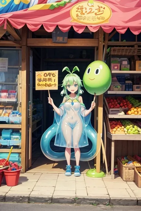 Cartoon character standing in front of fruit stall holding banner, reincarnated as a slime, Screenshots from animated movies, Screenshots from the 2012 animation, konosuba anime style, In animation, Still from TV animation, Reincarnation Stara Slime Dattak...