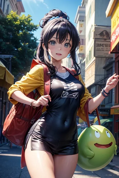 (a girl holding a banner in front of a fruit stand, reincarnated as a slime, a screenshot from an animated movie, a screenshot from a 2012 anime, konosuba anime-style, still from an animated movie, still from a TV anime, Tensei Shitara Slime Datta Ken, ani...