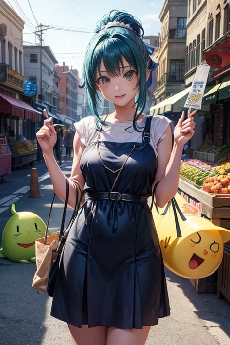 (a girl holding a banner in front of a fruit stand, reincarnated as a slime, a screenshot from an animated movie, a screenshot from a 2012 anime, konosuba anime-style, still from an animated movie, still from a TV anime, Tensei Shitara Slime Datta Ken, ani...