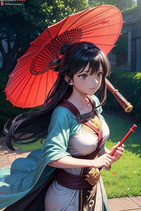 "(best quality,ultra-detailed,realistic:1.37),a woman wearing a long dress,holding a red umbrella in front of a tree,fragrant,an animation movie screenshot,Eu from Konosuba,half-follower,half-incense,a screenshot from Black Clover,a screenshot from an anim...