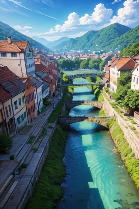 There is a small river flowing through a small town, anime rural scenery, attack on titan scenery, rural urban scene, animation stills, small town background, Screenshots from animated movies, Renaissance port city background, anime scenery概念艺术, animation ...