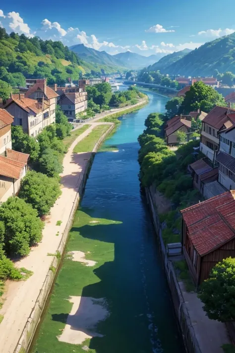 There is a small river flowing through a small town, anime rural scenery, attack on titan scenery, rural urban scene, animation stills, small town background, Screenshots from animated movies, Renaissance port city background, anime scenery概念艺术, animation ...