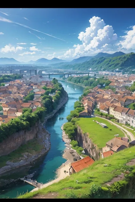 (best quality,4k,8k,highres,masterpiece:1.2),ultra-detailed,(realistic,photorealistic,photo-realistic:1.37),anime,landscape,vivid colors,sharp focus,physically-based rendering,small river flowing through a small town,countryside scenery from attack on tita...