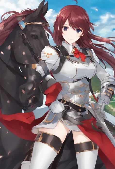 a nobility female cavalry in modern europe with dark red medium length hair and blue sharp eyes aims with a carbine and rides on a horse. illustration like japanese anime with a wide view.