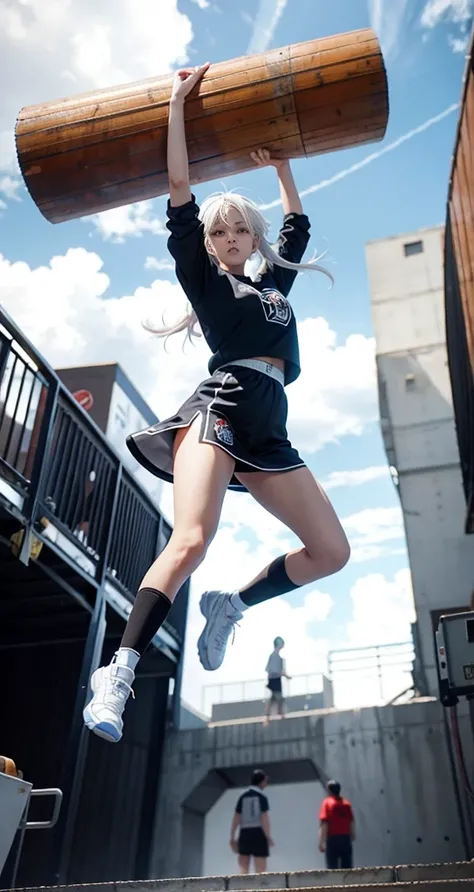 There was a teenage girl jumping up to dunk, slim figure，white hair，Stadium basketball court，Best Anime 4K Konachan Wallpapers, Jumping pose, Detail making, Full body female love, guweiz on artstation pixiv, Realistic anime 3D style, Badass anime 8k, Guwei...