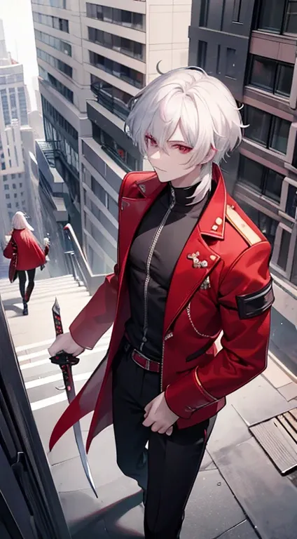 2 men dressed in red, with white hair and half of his hair is red, wearing a jacket that he put on his shoulders, and carrying a sword in his hand, are in the middle of a big city filled with monsters with a camera hinged from above facing the 2 men