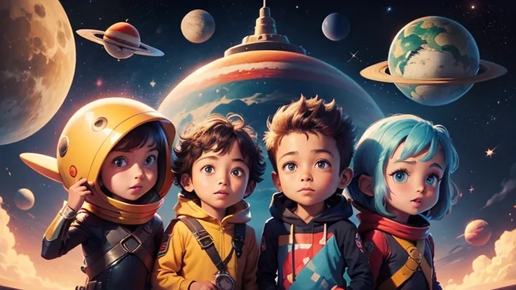 cinema poster. colorful planets, friendly aliens, spaceship, ready for exploration, young adventurers, cartoon style  