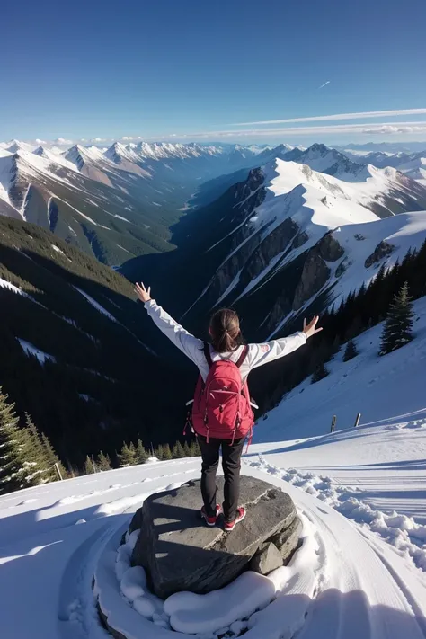 Alone at the top of the mountain, Open arms and a winning attitude. This scene makes me feel happy，Beautiful view.