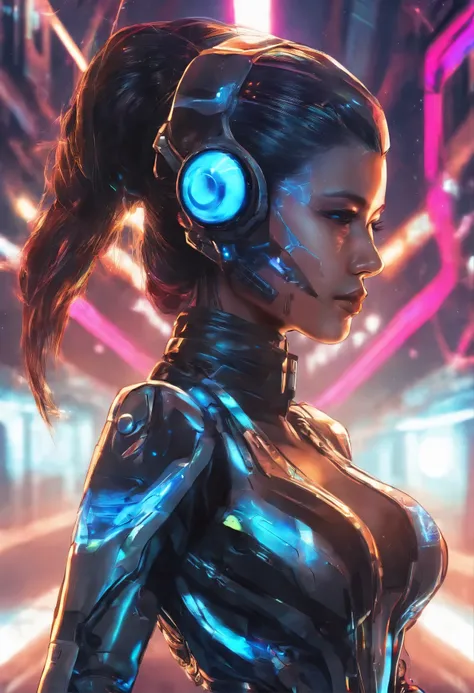 (female Protogen),cyberpunk,mechanical,glowing eyes,metallic surface,digital display,advanced technology,futuristic,neon lights,electromagnetic field,sharp edges,streamlined design,digital organism,biomechanical,mysterious atmosphere,glass visor,enhanced s...