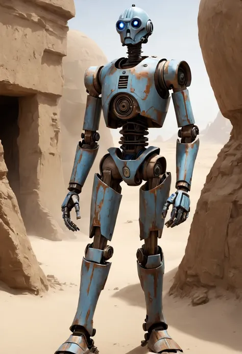 A humanoid drod, like a protocol droid from star wars, with rusty and old body, one arm blue, stand on Tatooine