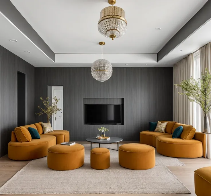 livingroom, beautyful warm light, ((1 tv)), sofa set, 1 table, 1 mini table, 1 chandeliers, rich color