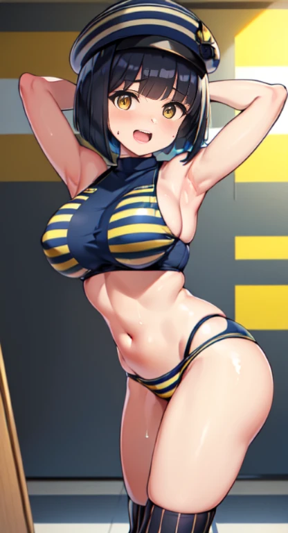 (perfect body),highest quality,(8K portrait),(anime screen cap)、((Police Woman)),police hat、blush,Sweat,((big breasts))、(black hair),((bob cut))、yellow eyes,(thick thighs),((((Navy blue striped bikini))))、white knee socks、adult women、((laughter))、cowboy sh...