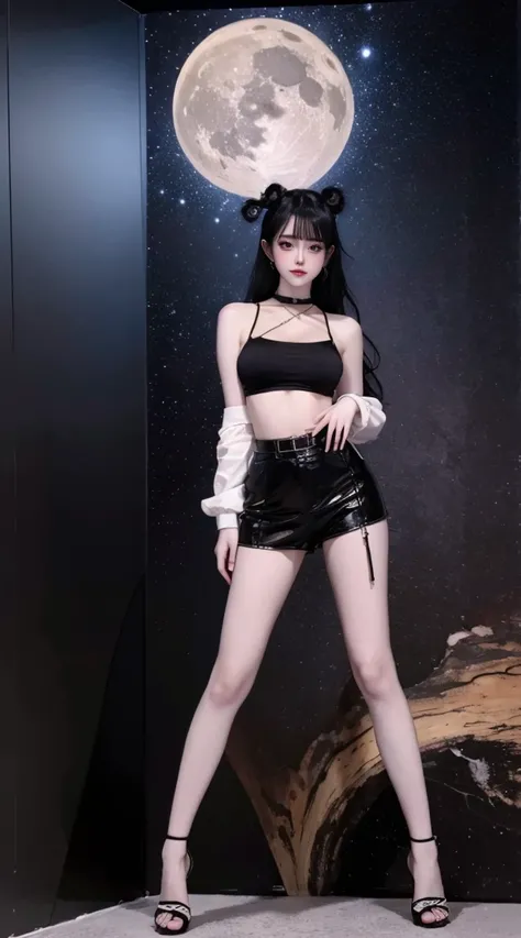 8K, hyper realisitc, tmasterpiece, Best quality at best, ultra - detailed, A high resolution, Random background, 1个Giant Breast Girl, (:1.5), Willow waist, Wide hips, knees, the night , completely naked , choker necklace, Closed heels,