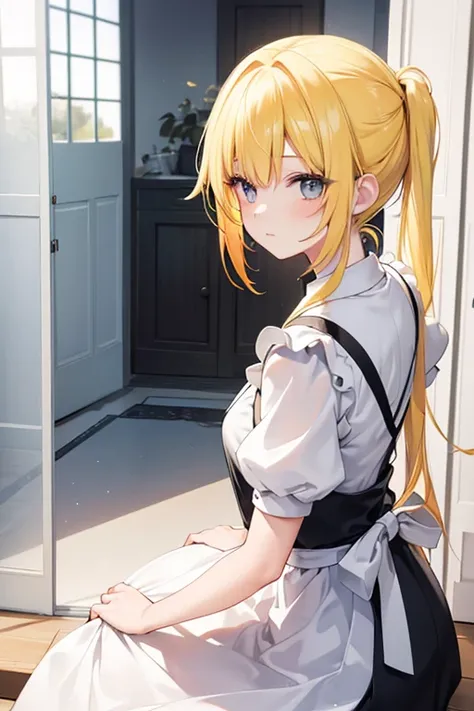 Girl with bright yellow hair, hair tied back quite long, in the villa, wearing maid clothes