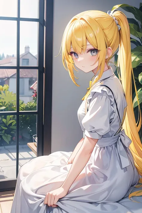 Girl with bright yellow hair, hair tied back quite long, in the villa, wearing maid clothes