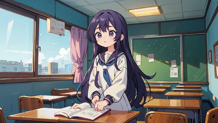 An eighteen-year-old young woman with long purple hair in a sailor suit sits in a classroom (school 1.5 in the background) (expression serious, cold 1.5) (best quality: 1.1) (masterpiece: 1.3) with an unparalleled masterpiece, surreal 8K, perfect artwork, ...