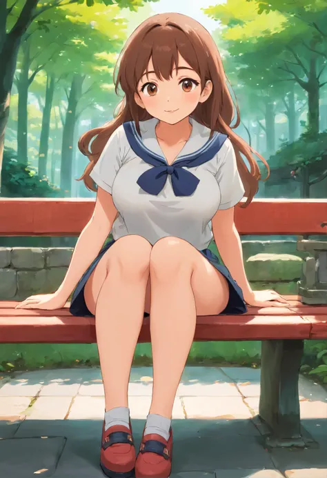 Big breasts，urban preppy style，loli，miniskirt，sit on a bench，blush，The mouth opens wide