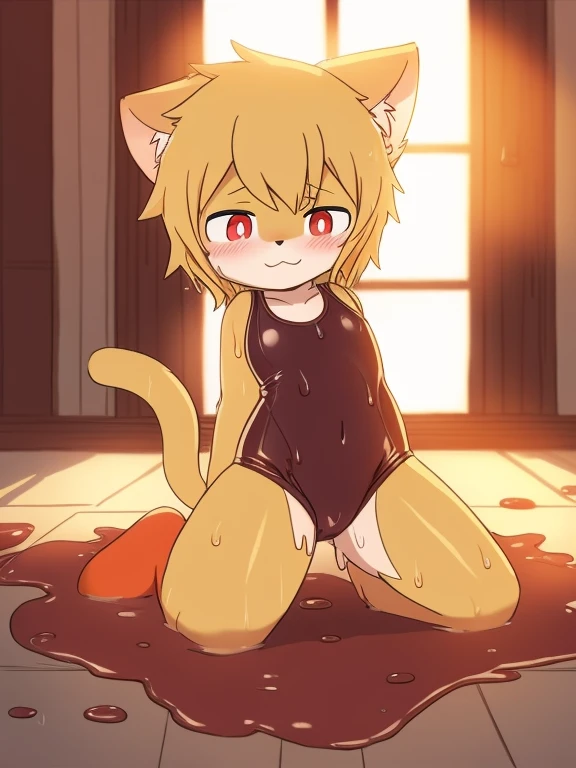 alone, External, red pupils,, (wet fur:1.4), Detailed hair, young，one piece swimsuit,Firmware version, furry anime, Bragon, very cute face, Blushed, playful, young, Detailed background, Detailed fanart, pixiv, number, masterpiece, high quality, high resolu...