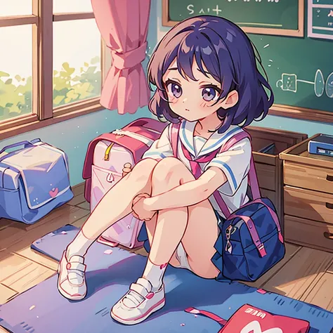 Aikatsu,Squat down and spread your knees wide apart.,white underwear,primary school student,school bag