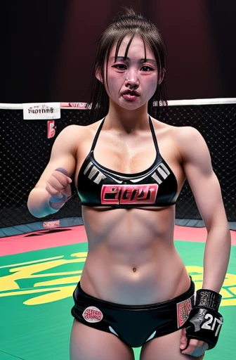 Crying beautiful girl idol female mixed martial artist。Collapsed in the ring。nosebleed。scratch。Sweat。delicate。Torn Bikini。