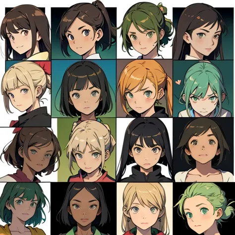 Anime style, greenhead woman style sheet, range of emotions expressions six views  