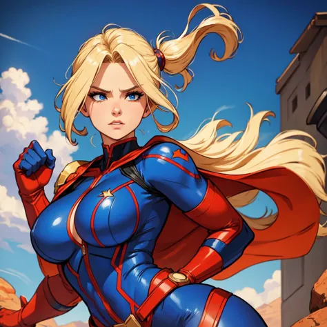 Carol Danvers, clad in her red and blue superhero suit, stands confidently with her chest puffed out and arms crossed, highlighting her curves and prominent cleavage. Her fiery spirit is reflected in her intense gaze as she looks directly at the camera wit...