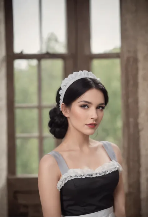 Sexy women with black hair dressed like a maid