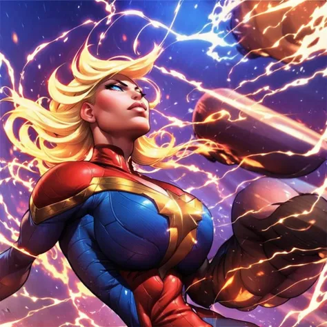 carol danvers, clad in her red and blue superhero suit, stands confidently with her chest puffed out and arms crossed, highlight...