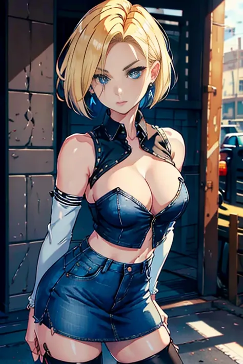 best quality, highres, and18, 1girl, android 18, solo, blonde hair, blue eyes, short hair, earrings, jewelry, denim vest, open vest, black pantyhose, black shirt, denim skirt, striped long sleeves, blue skirt, medium breasts, cowboy shot, street,  (Externa...