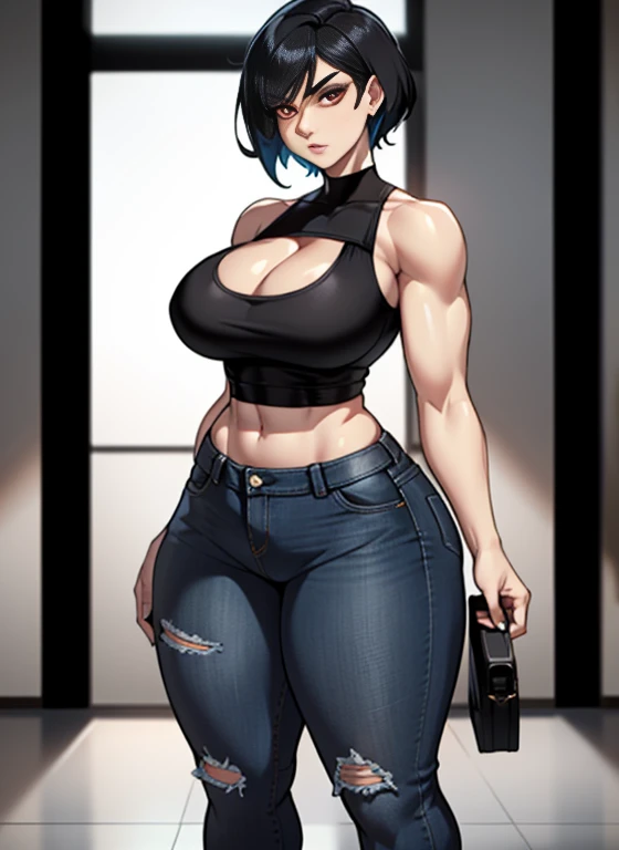 one woman, standing alone, unique and captivating, A tall pale woman (tall thicc silhouette),she has an hourglass figure, refined and alluring curves, a strikingly perfect physique, toned muscles and toned abs, big and enchanting chest, black tank top, blu...