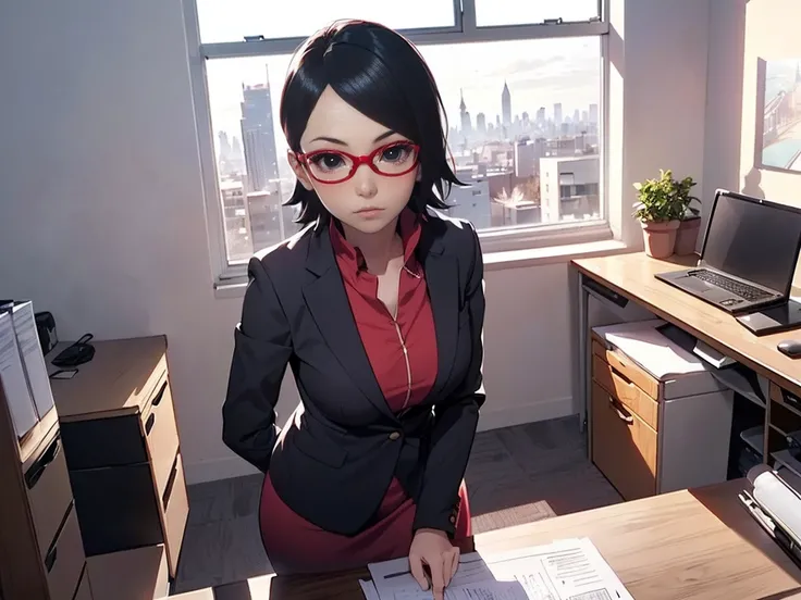 Full body image illustration of ((Sarada Uchiha with short hair, black eyes and red glasses)). Next generation. (((She is wearing businesswoman clothes in front of an office desk))) and with a large window showing a large metropolis. Lighting the scene dra...