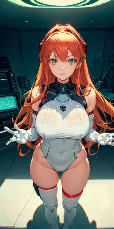 (Overhead view),dynamic angle,ultra-detailed, illustration, close-up, straight on, 1girl, 
 ((souryuu asuka langley, interface headset, red bodysuit:1.4, blonde)),Her eyes shone like dreamy stars,(glowing eyes:1.233),(beautiful and detailed eyes:1.1),(expr...