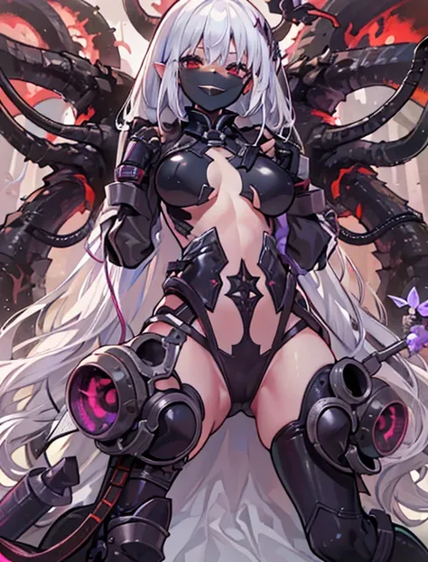 White-haired girl wearing black latex clothing and black stockings。The white-haired girl is the mother of the Zerg。White-haired girl with red eyes，White-haired girl spits out bugs and tentacles，Tentacles wrapped around white-haired girl。The little bug drai...