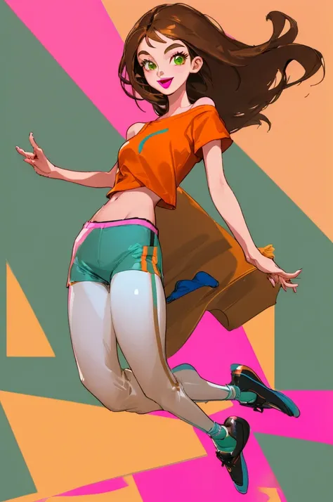 sexy, 1girl, skinny, medium breast, narrow waist, long brown hair, green eyes, big eyes, pink lipstick, one shoulder tee orange shirt, blue shorts, white leggings, black shoes, smile, open mouth, full body