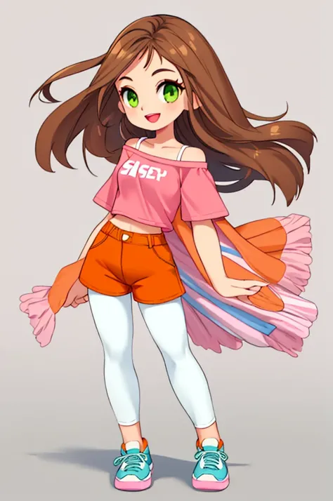 sexy, 1girl, skinny, medium breast, narrow waist, long brown hair, green eyes, big eyes, pink lipstick, one shoulder tee orange shirt, blue shorts, white leggings, black shoes, smile, open mouth, full body