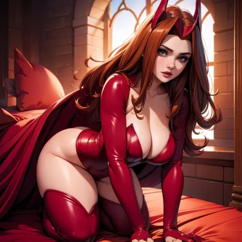 Realistic portrayal of Scarlet Witch, Masterpiece quality, Large breasts, High contrast, Photorealistic rendition, 8k high definition, Detailed and Unified CG wallpaper, Extremely detailed, High resolution, Ultra-sharp, Cinematic lighting, Scarlet Witch ch...