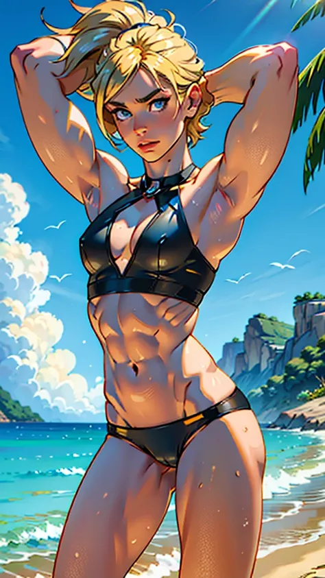 (masterpiece, high quality), 1girl, Caucasian, tomboy, slender, short blonde hair, blue eyes, 10-years-old, (tropical beach background), (black panties), white crop top, strong arms, muscular thighs, ripped muscles, six pack abs, muscle arms, muscular, fla...