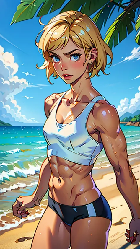 (masterpiece, high quality), 1girl, Caucasian, tomboy, slender, short blonde hair, blue eyes, 10-years-old, (tropical beach background), (black panties), white crop top, strong arms, muscular thighs, ripped muscles, six pack abs, muscle arms, muscular, fla...