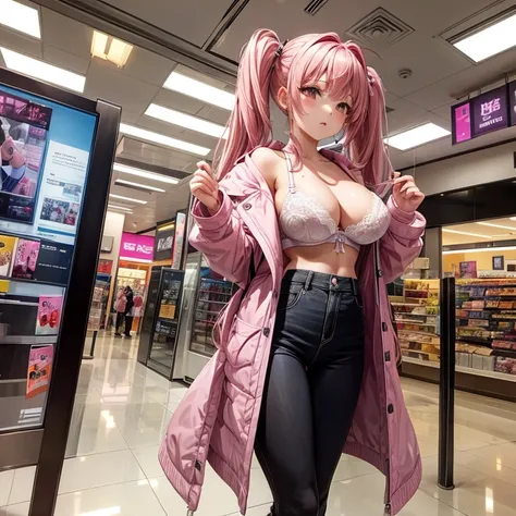 highest quality, masterpiece, pink hair、twin tails、big breasts、tits、In underwear、bra、pants、exposed、Slut、Thighhighs、long coat、bend down、Shopping mall