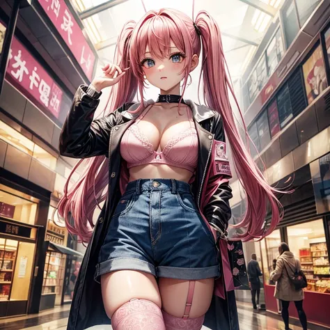 highest quality, masterpiece, pink hair、twin tails、big breasts、tits、In underwear、bra、pants、exposed、Slut、Thighhighs、long coat、bend down、Shopping mall