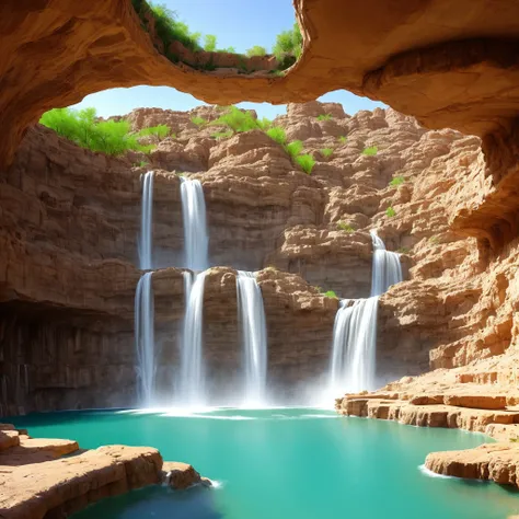 Underground city in the desert with huge waterfalls scattered around that take irrigation water from the land of the oasis and is used to thrive, melhor qualidade, Photographic, 8k