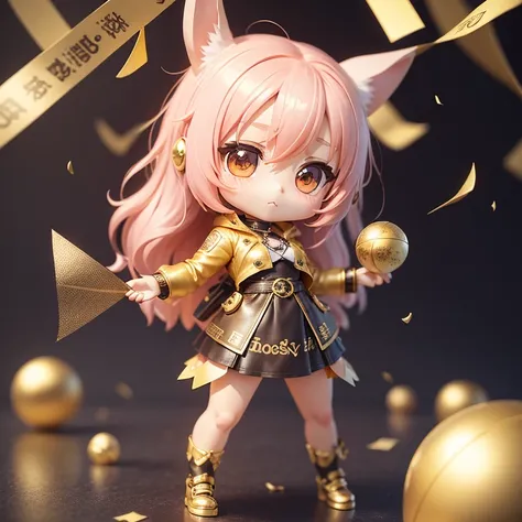 best quality, a girl, (chibi:1.2), 3d figure, upper body, nendoroid style, (looking at camera), a rabbit, When you break open the gold paper ball, confetti and a drop down banner will come out.